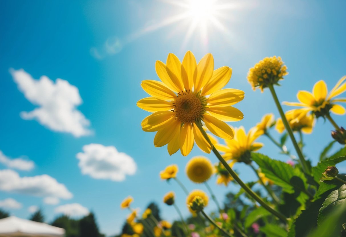A sunny outdoor wedding in June, with blooming flowers and a blue sky