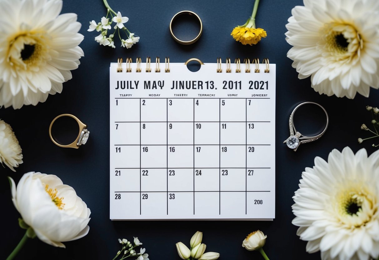 A calendar with different months highlighted, surrounded by wedding-related imagery like flowers, rings, and a bride and groom silhouette