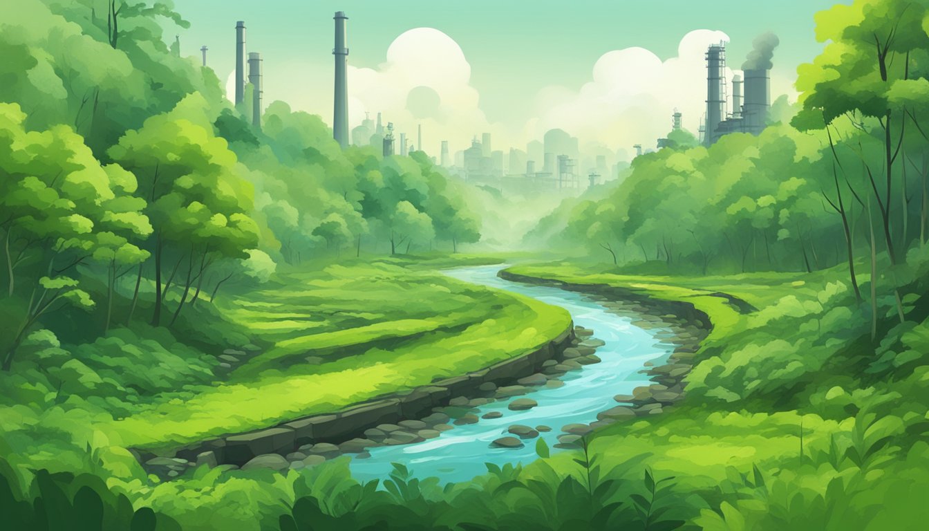 A lush green forest with a clear stream running through it, contrasting with a polluted, industrial area