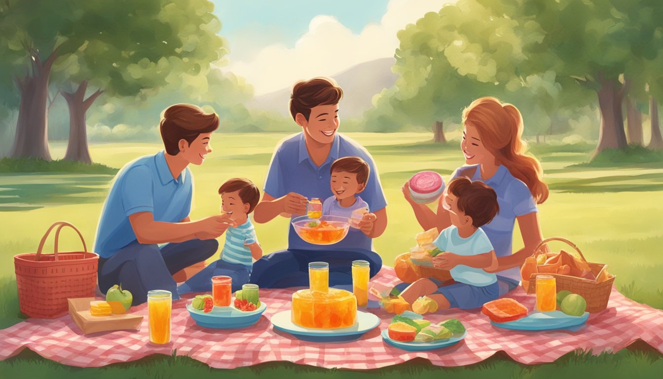 A family enjoying Jell-O at a picnic, while another family chooses Royal brand at a grocery store