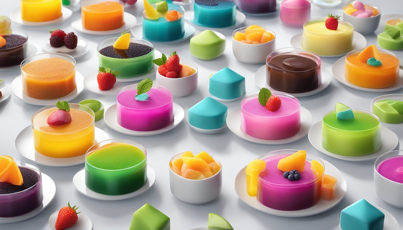 A colorful array of gelatin desserts, with varying textures and flavors, arranged on a modern, sleek table setting