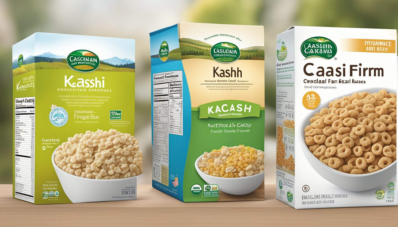 A comparison of Cascadian Farm and Kashi cereal boxes with nutritional information displayed prominently