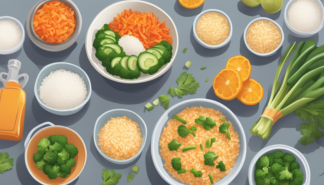 A table set with bowls of Uncle Ben's and Minute Rice, surrounded by fresh vegetables and a measuring cup