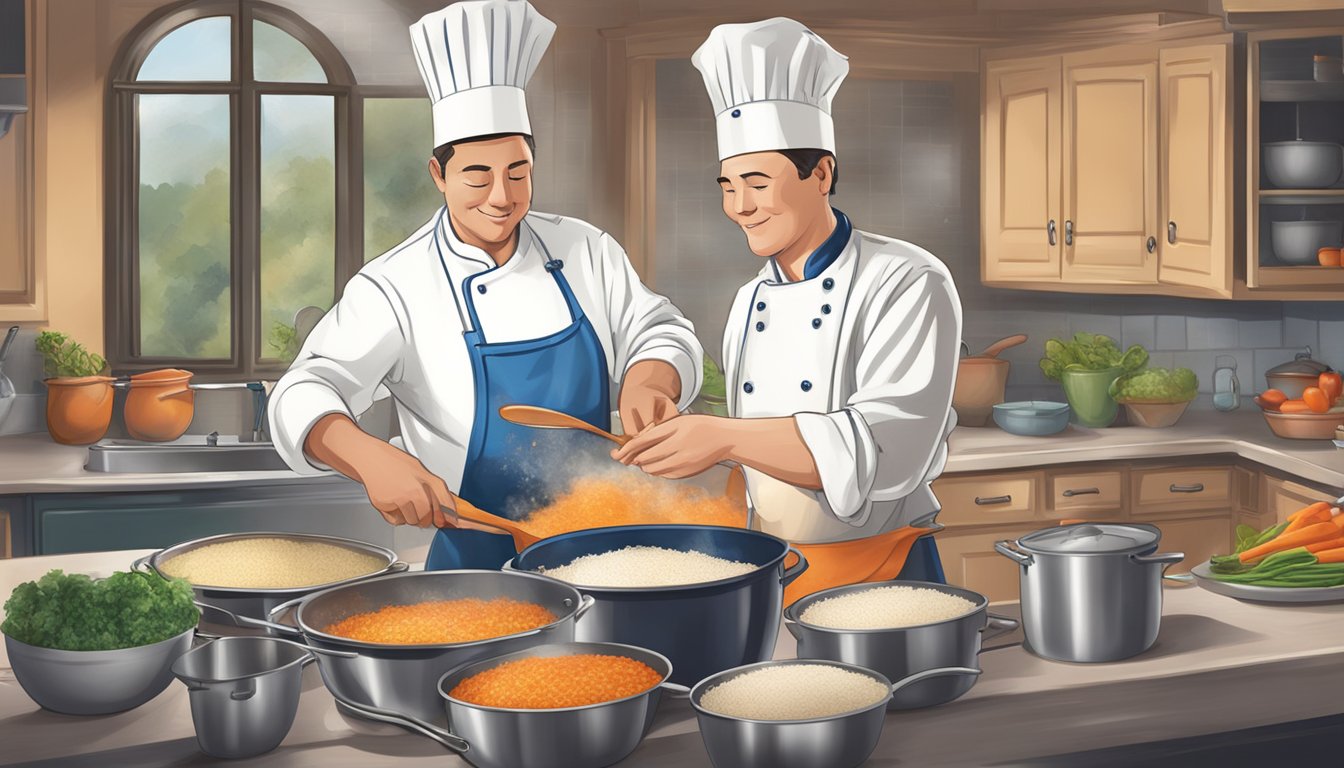 A chef mixing Uncle Ben's and Minute Rice in a steaming pot