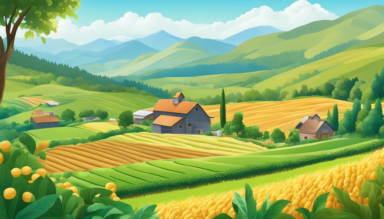 A lush, organic farm with rolling fields of grains and fruits, surrounded by mountains and a clear blue sky