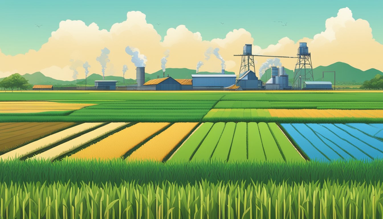 A lush rice field with clear blue skies and a small, sustainable farming operation for Uncle Ben's, contrasting with a factory emitting pollution for Minute Rice