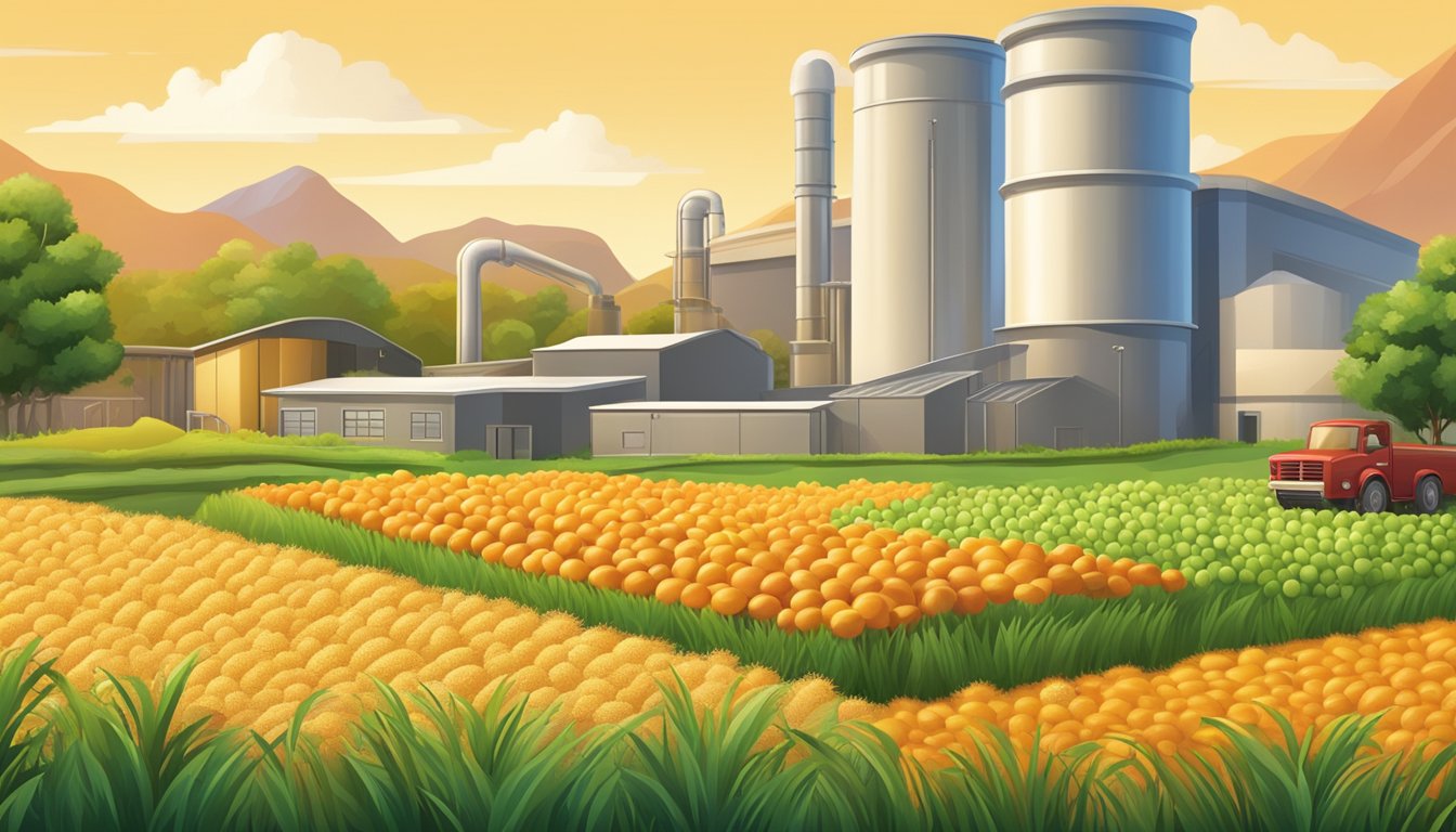 A lush, vibrant field of organic grains and fruits contrasts with a modern, sleek factory producing wholesome, natural foods