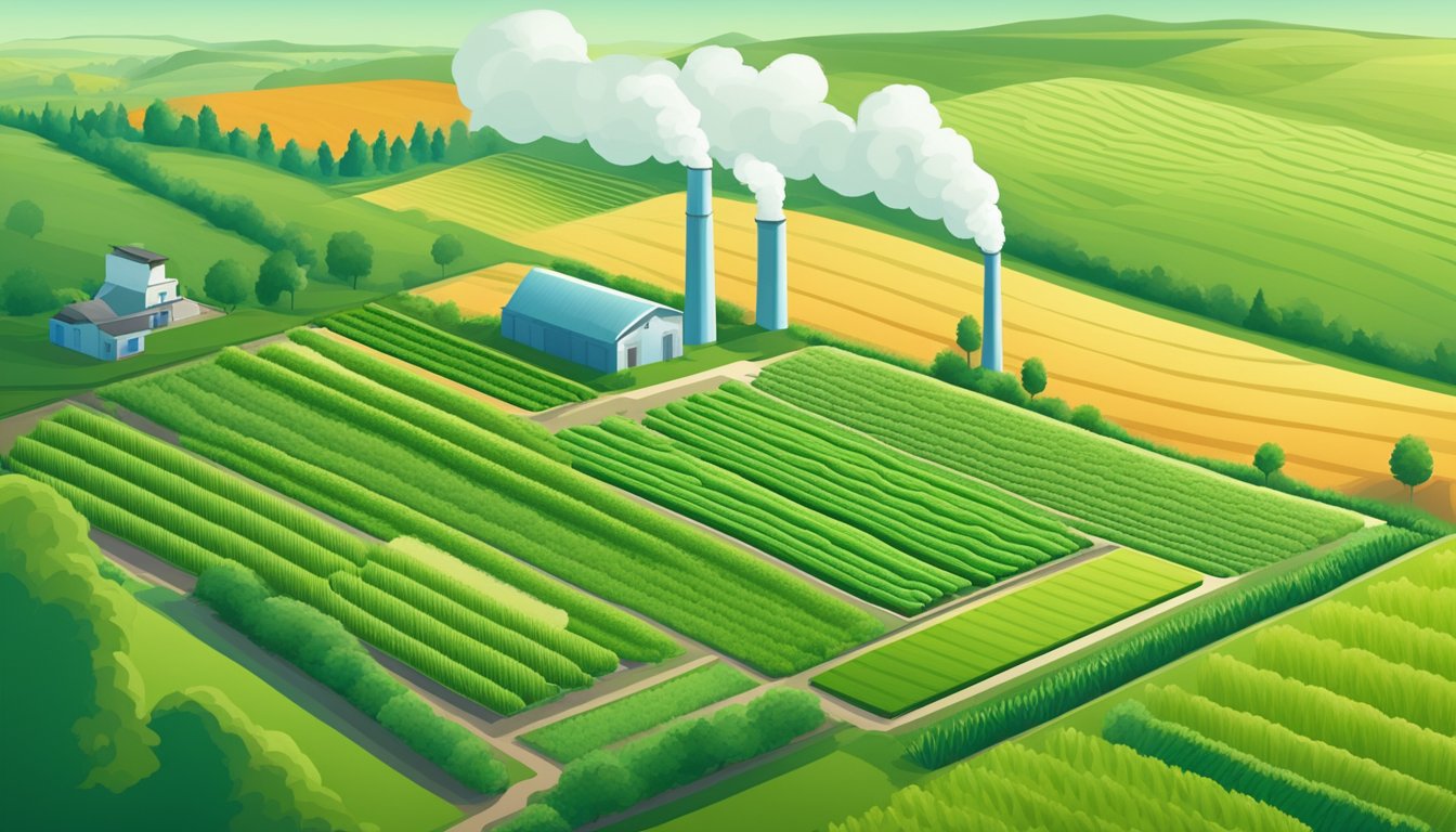 A lush, green field with rows of organic crops on one side, and a factory emitting pollution on the other