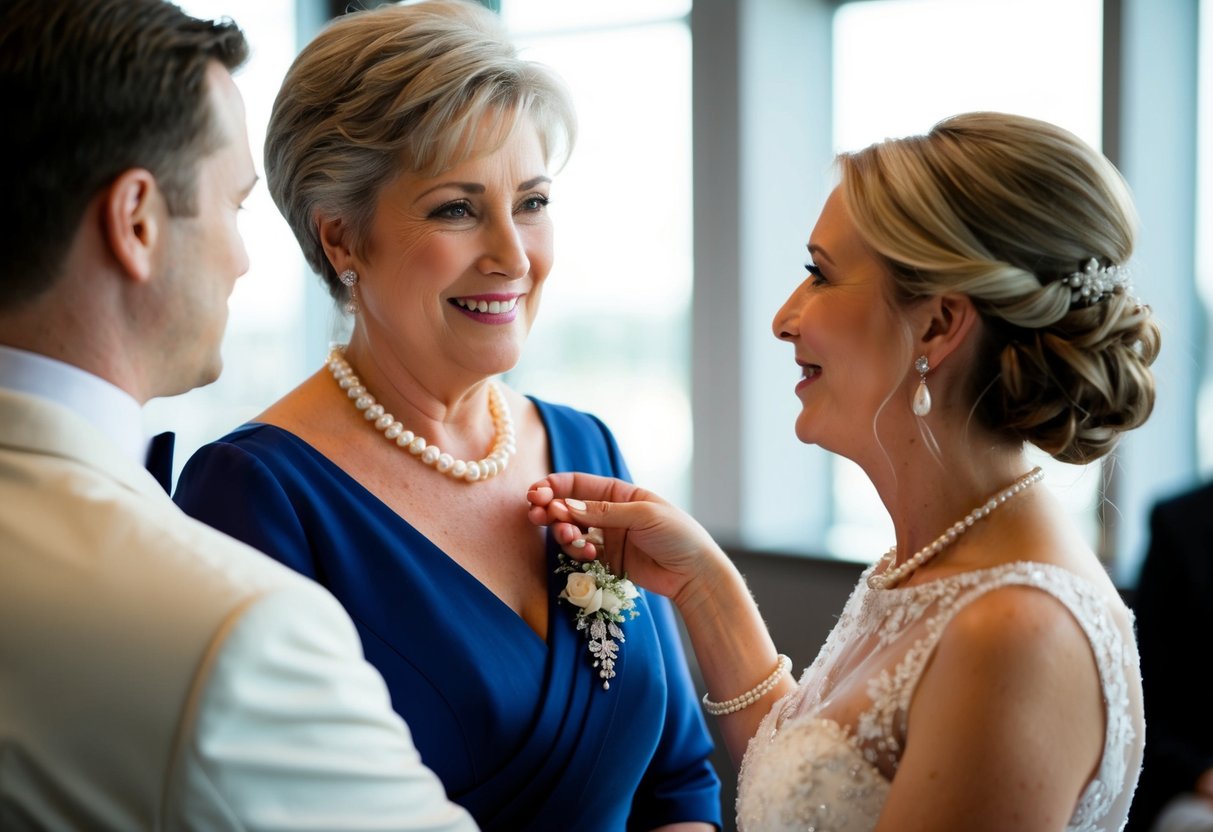 The mother of the groom presents a delicate pearl necklace to the bride