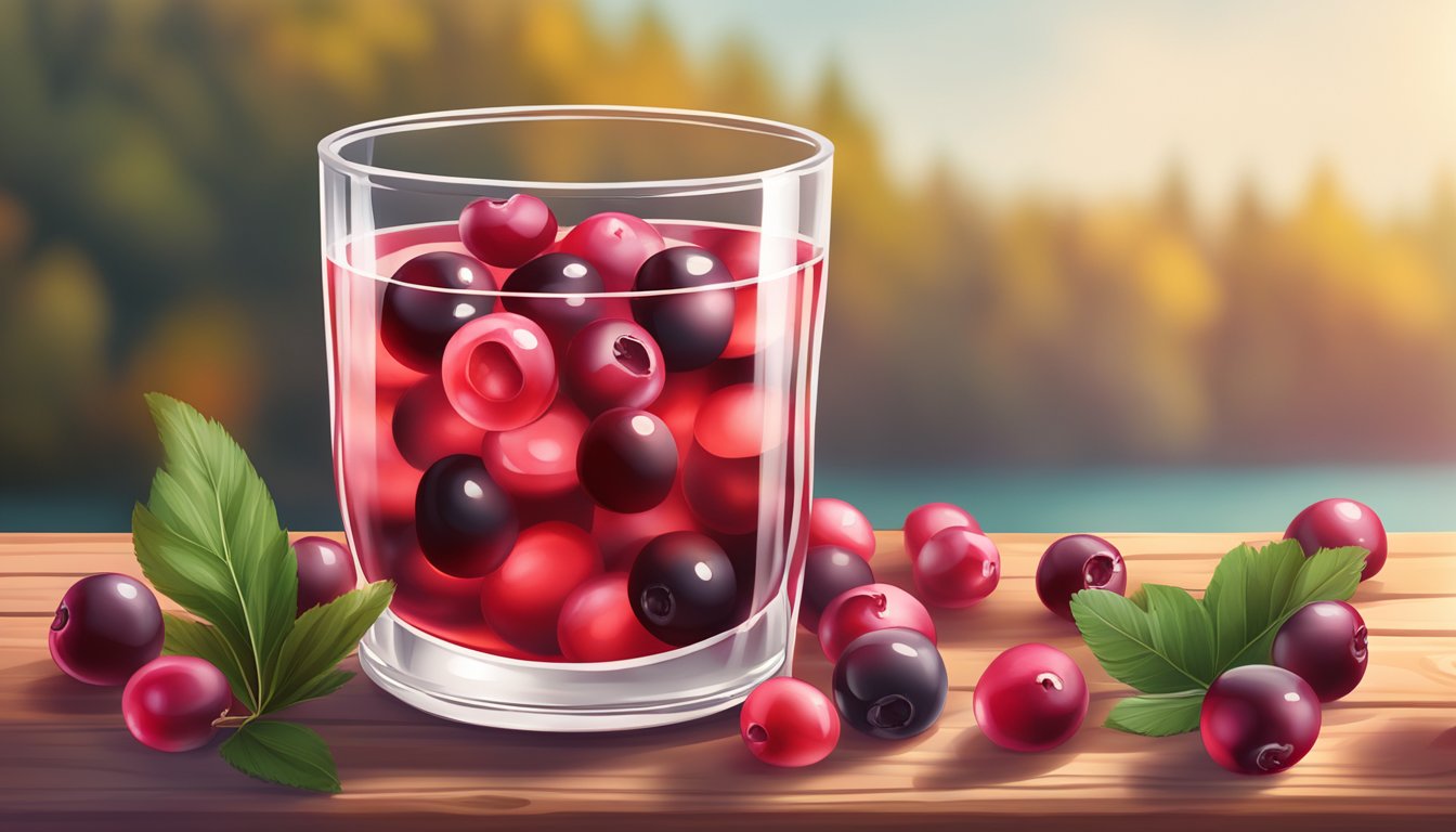 A glass of cranberry classic and ocean spray on a wooden table surrounded by fresh cranberries and a few leaves