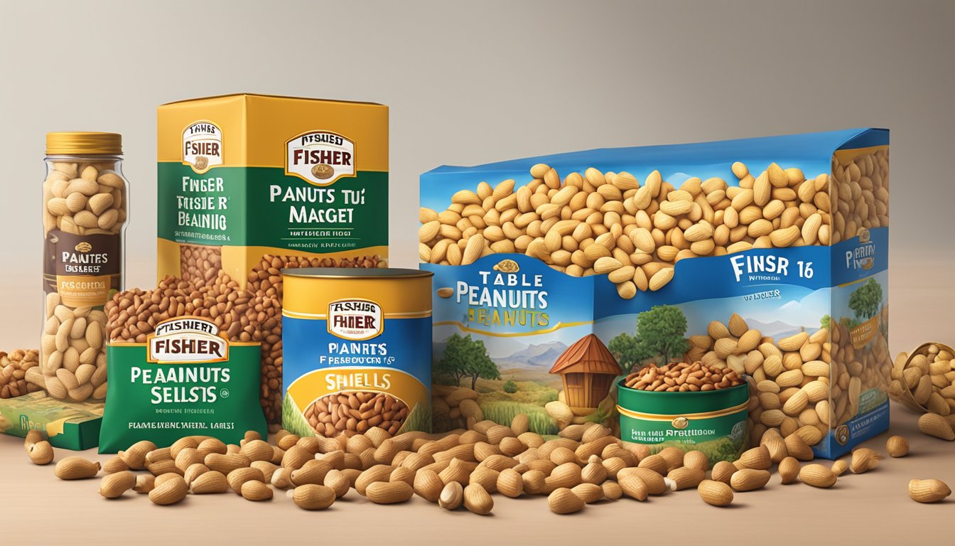 A table displays Planters and Fisher brand peanuts in their respective packaging, surrounded by scattered nuts and shells