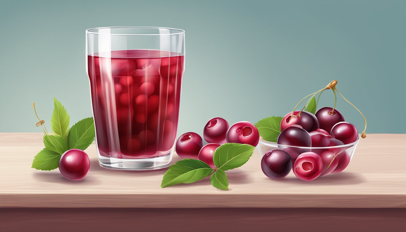 A glass of Diet Ocean Spray cranberry juice next to a glass of classic cranberry juice, with fresh cranberries scattered around them