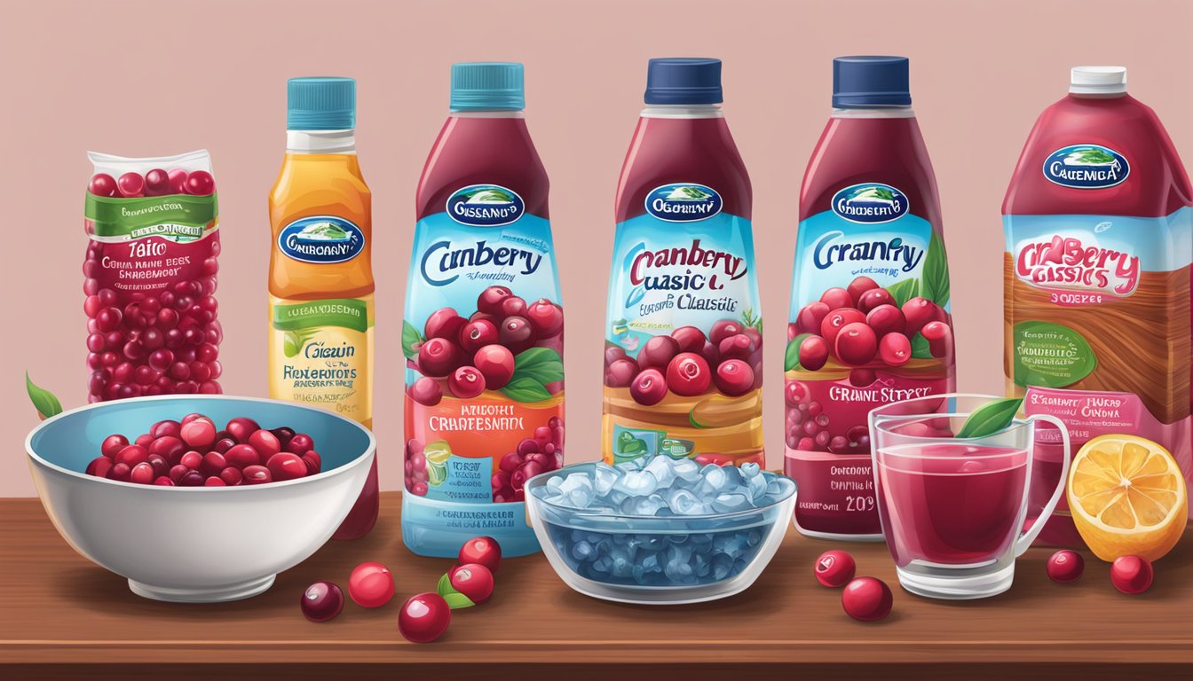 A table with various cranberry products, including Ocean Spray and Cranberry Classic, arranged for comparison