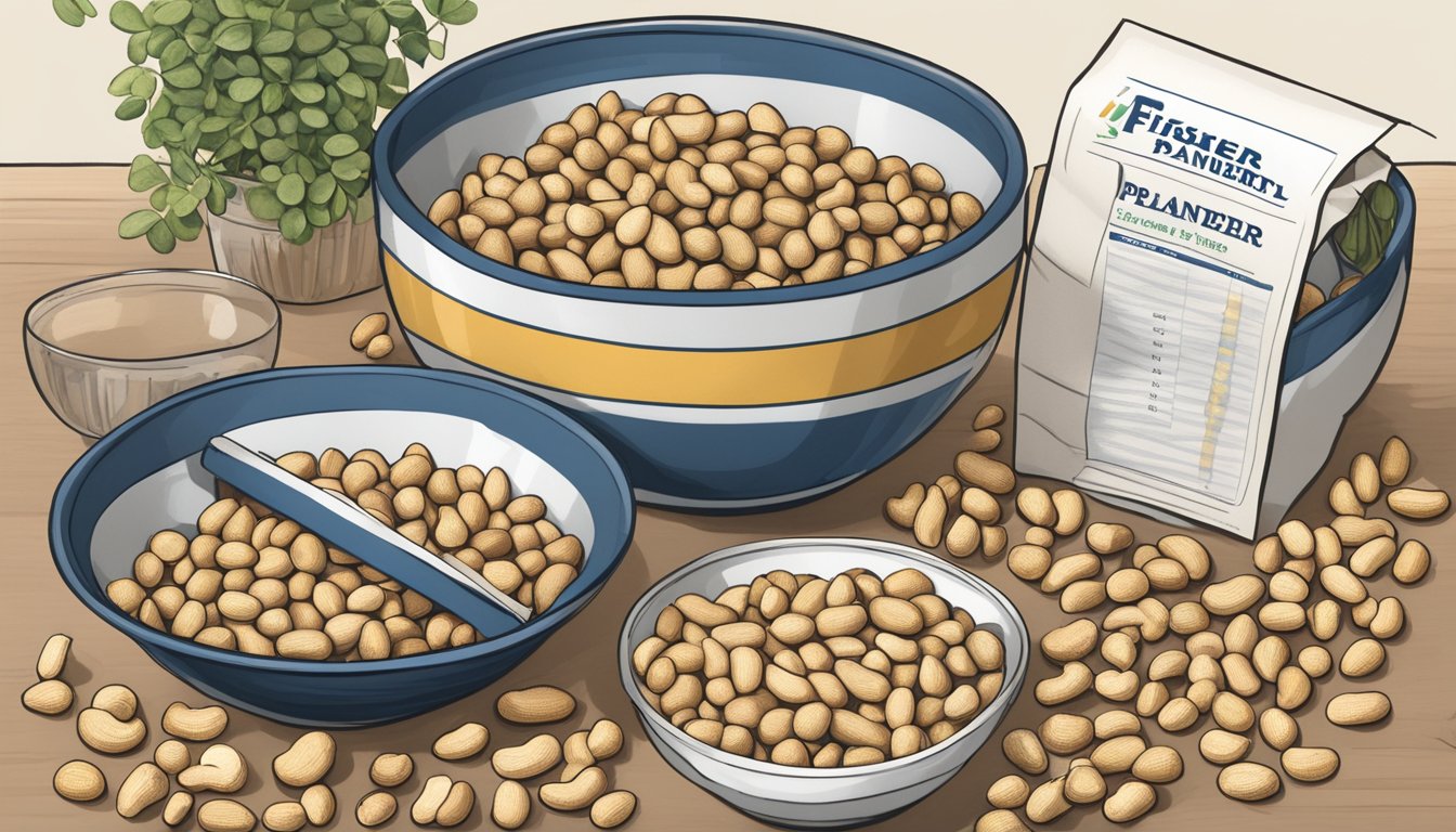 A table with two bowls of peanuts, one labeled "Planters" and the other "Fisher," surrounded by scattered peanut shells. A nutrition label is visible next to each bowl