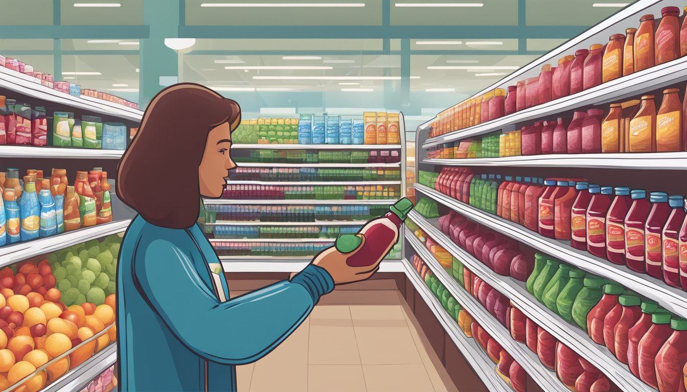 A person choosing between a bottle of ocean spray and a bottle of cranberry classic juice at a grocery store, considering health benefits