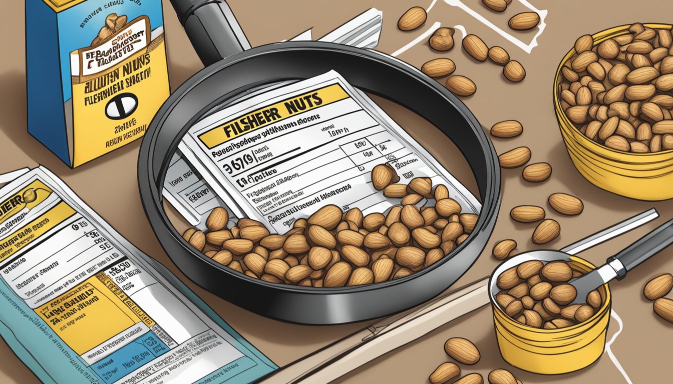 A table with open packages of Planters peanuts and Fisher nuts, surrounded by allergen warning labels and a magnifying glass examining the fine print