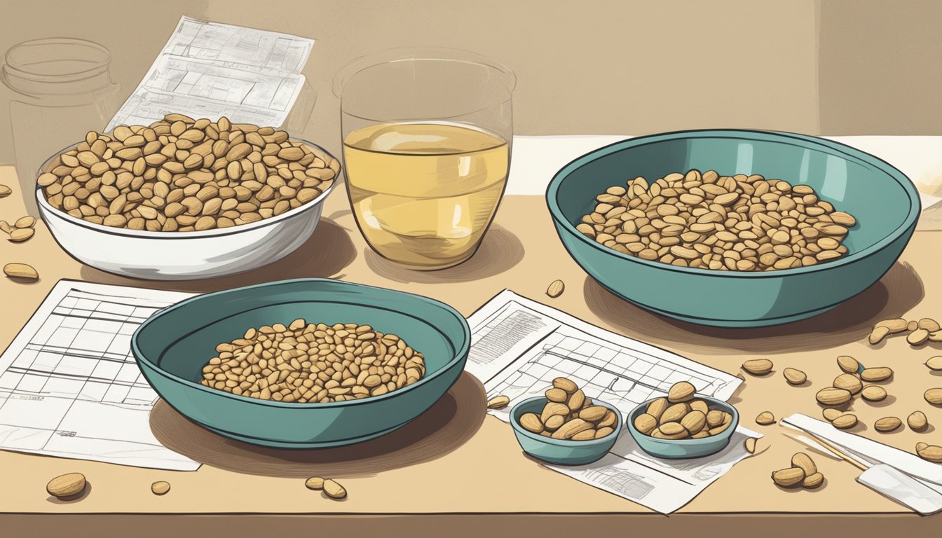 A table with two bowls of peanuts, one labeled "Planters" and the other "Fisher," surrounded by graphs and charts