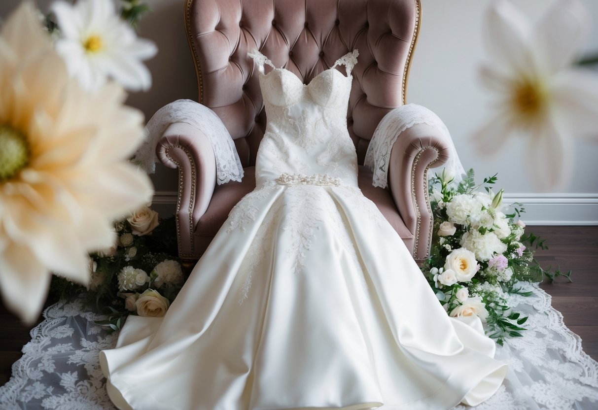 A wedding gown laid out on a plush chair, surrounded by delicate lace, pearls, and flowers