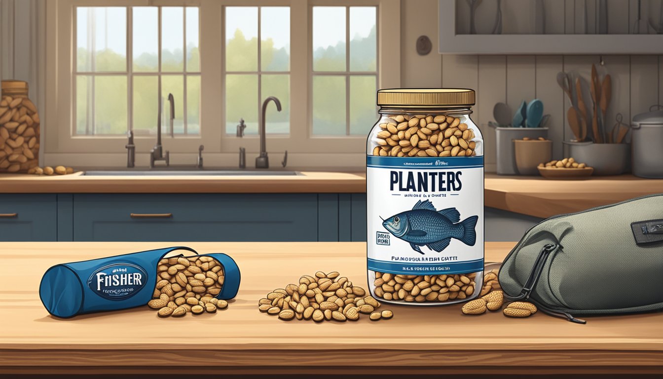 A jar of Planters peanuts sits on a clean, modern kitchen counter, while a bag of Fisher peanuts is nestled among fishing gear on a rustic wooden table