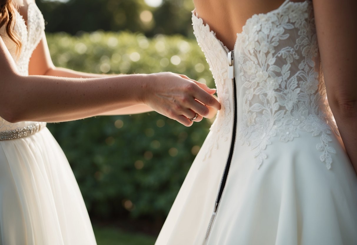 A wedding dress being zipped up by a person