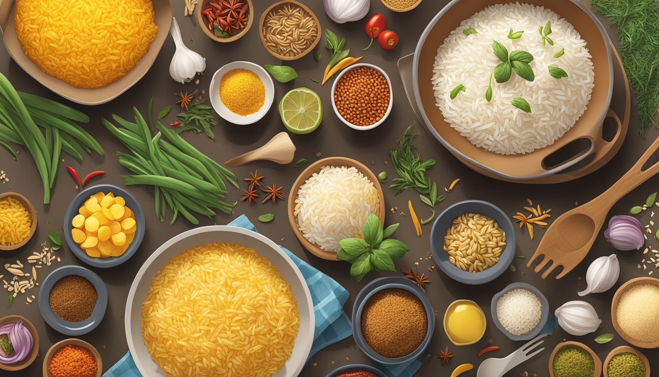 A kitchen counter displays boxes of Rice-A-Roni and Knorr rice side dishes, surrounded by colorful spices and cooking utensils