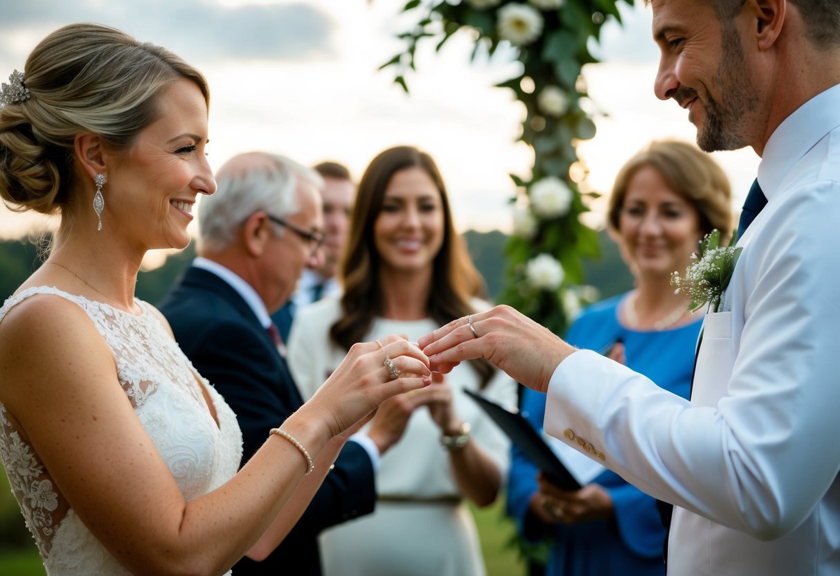 A couple exchanging rings in a ceremony officiated by a registrar