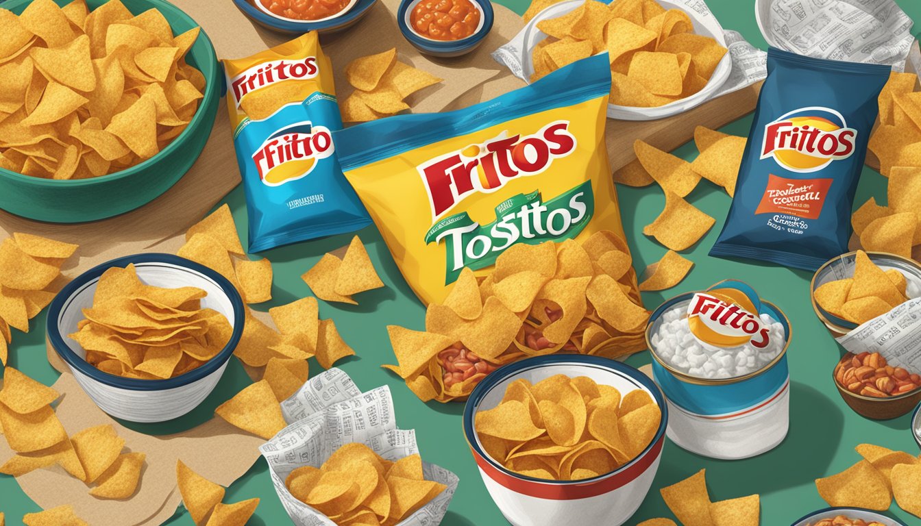 A table with bowls of Fritos and Tostitos surrounded by vintage packaging and branding materials