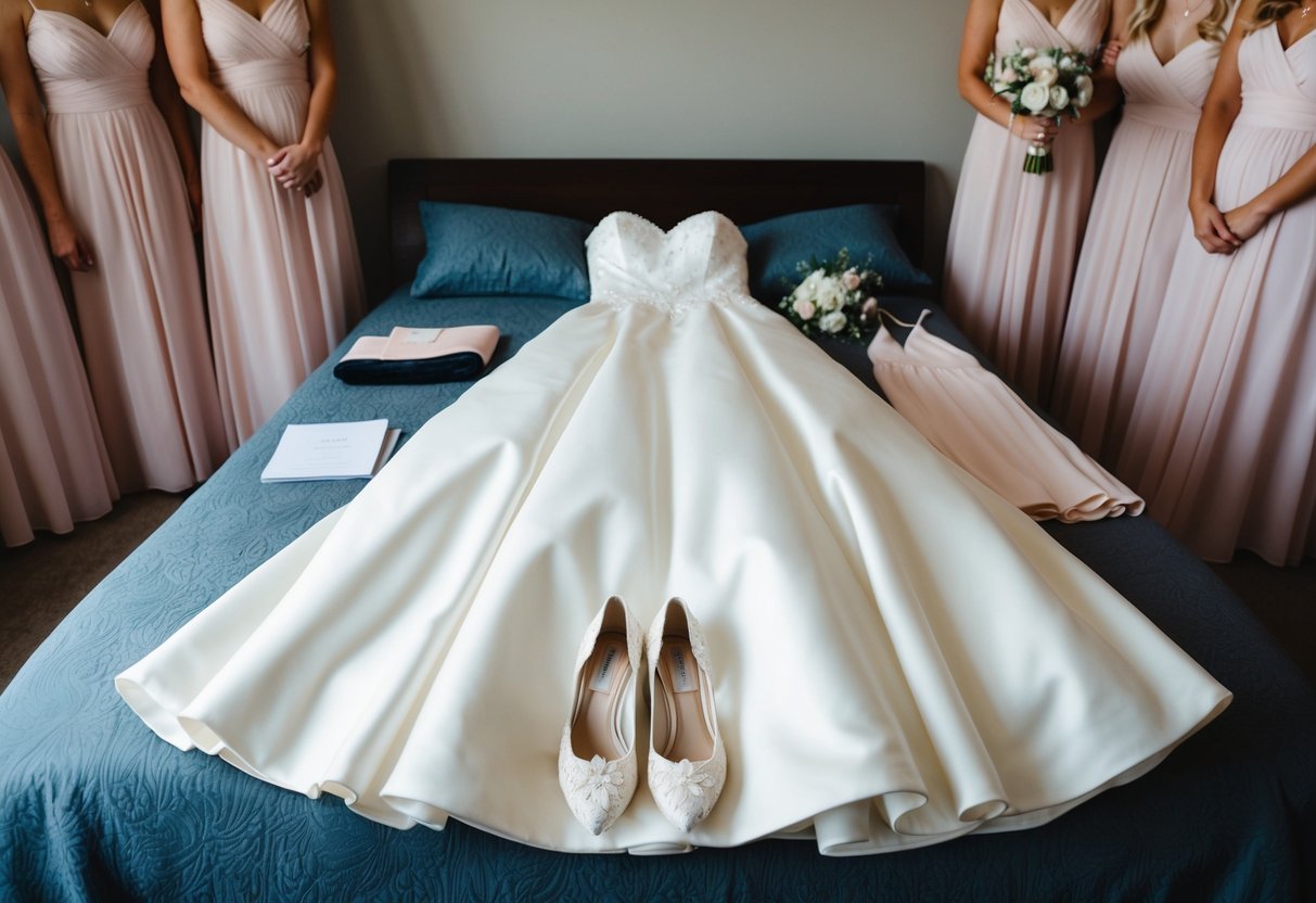 A wedding dress laid out on a bed, surrounded by bridesmaids' dresses and accessories. A pair of delicate lace shoes placed neatly beside the gown