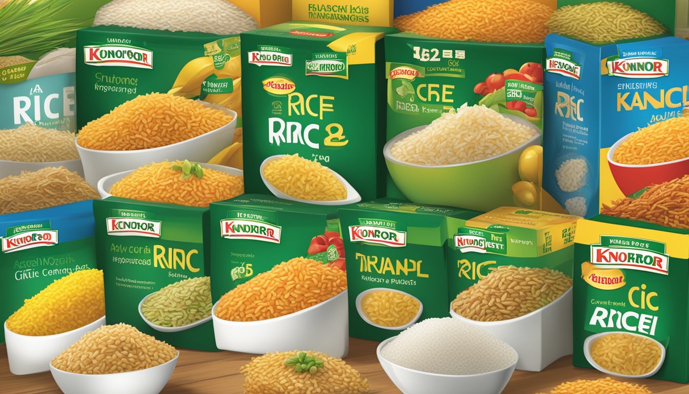 A table with various boxes of Rice-A-Roni and Knorr rice products, each displaying different flavors and varieties