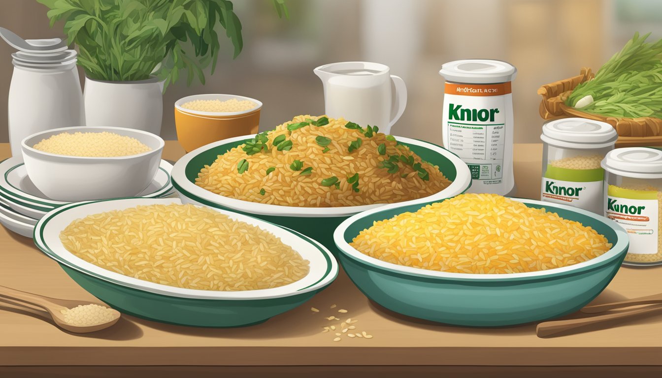 A table with two plates of rice dishes, one labeled "Rice-A-Roni" and the other "Knorr," surrounded by measuring cups and nutrition labels