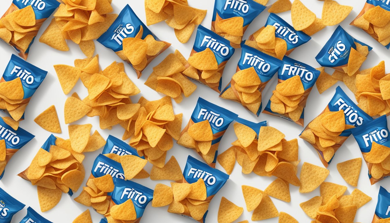 A pile of Fritos and Tostitos arranged side by side on a clean, white surface, with a measuring scale and nutrition labels nearby