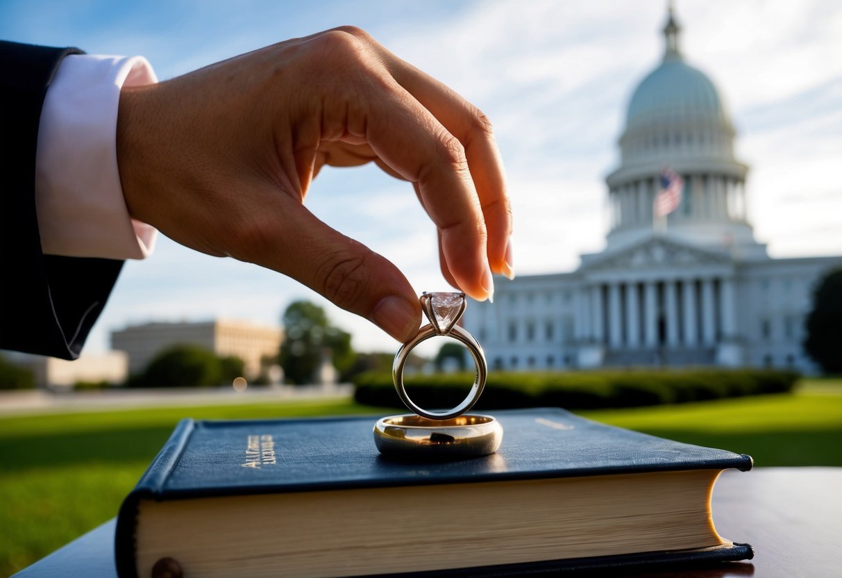 A wedding ring being placed on a book of laws, with a government building in the background