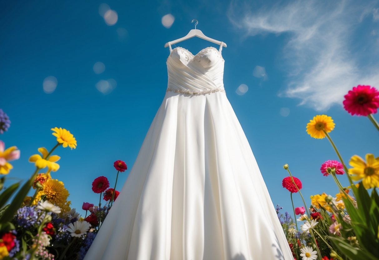 A white wedding dress surrounded by colorful flowers and a blue sky