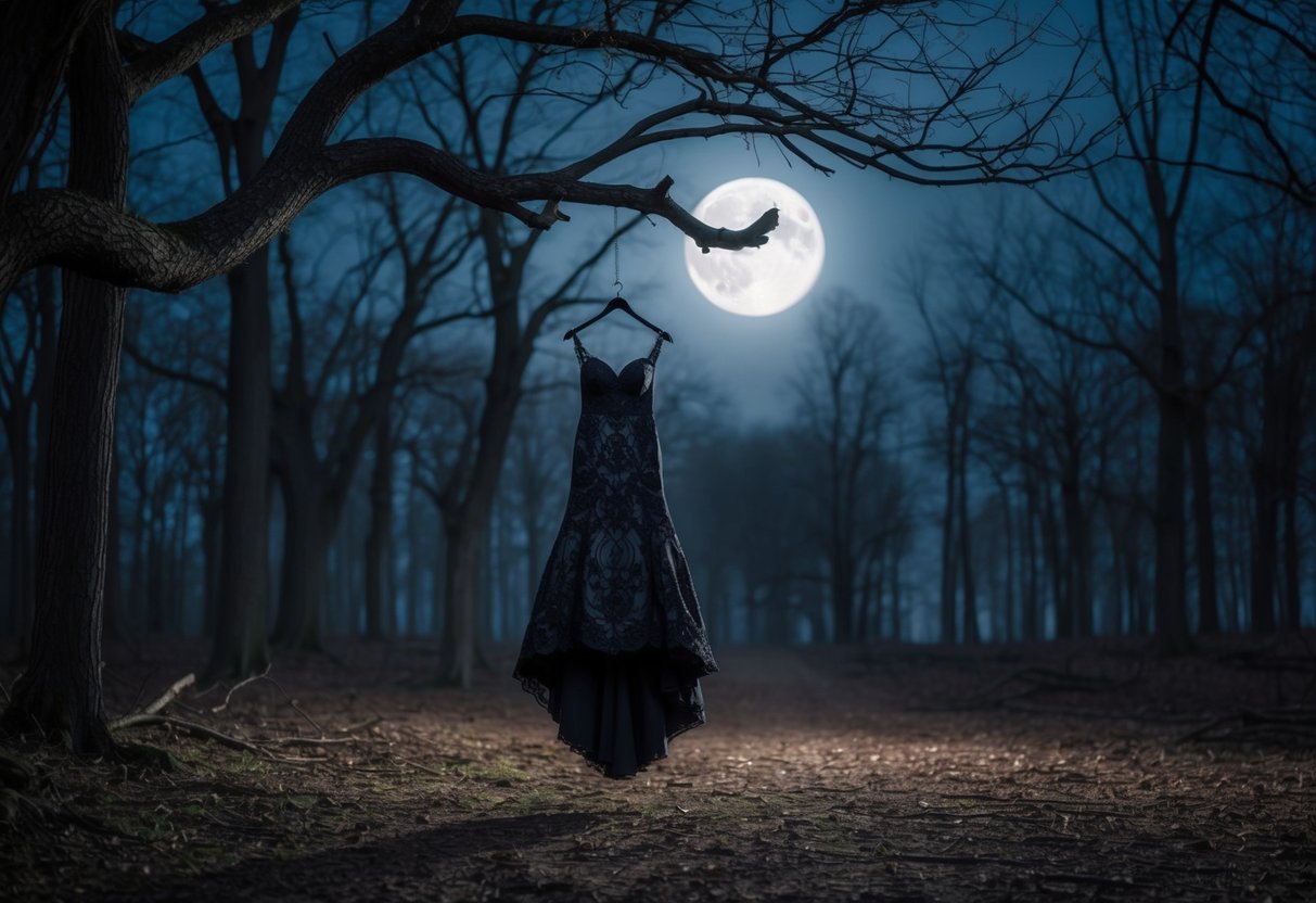 A dark forest clearing with a lone, ornate black wedding dress hanging from a twisted tree branch. The moon casts an eerie glow