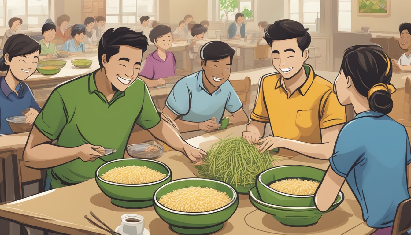 A table with two bowls of rice, one labeled "Rice-A-Roni" and the other "Knorr", surrounded by smiling customers