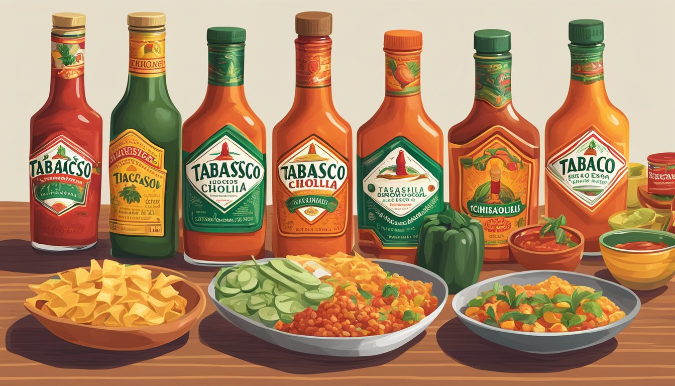 A table displaying bottles of Tabasco and Cholula hot sauce with bowls of different foods for tasting