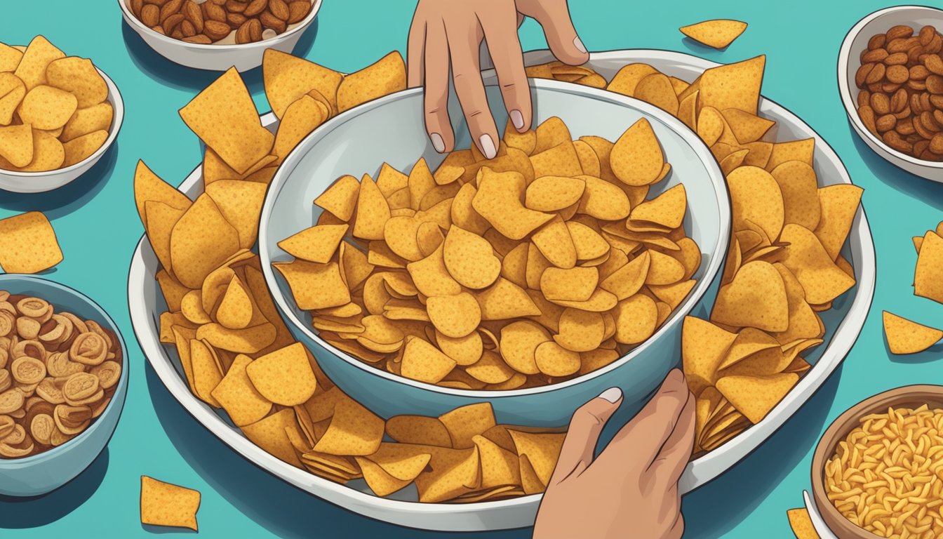 A bowl of Fritos and Tostitos surrounded by various snack options, with a person reaching for one