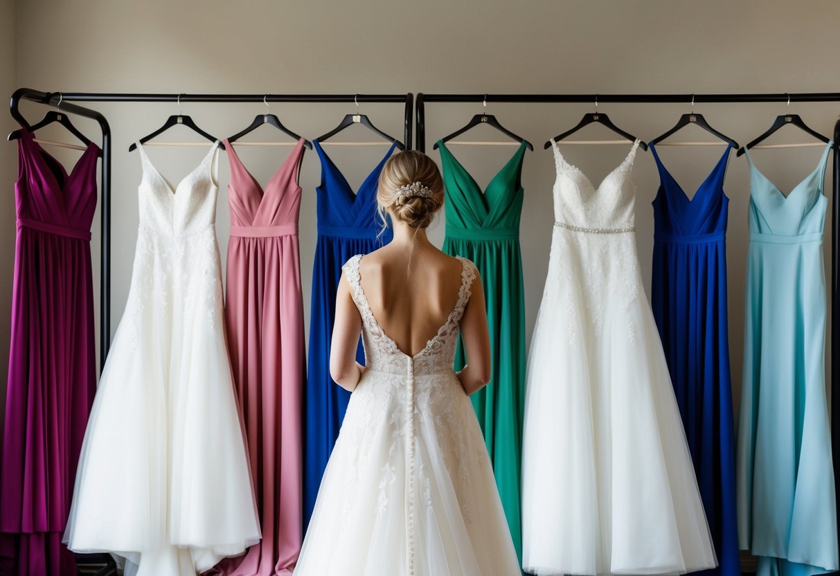 A bride stands in front of a rack of wedding dresses, each in a different color. The dresses are displayed against a neutral background, emphasizing the variety of choices available