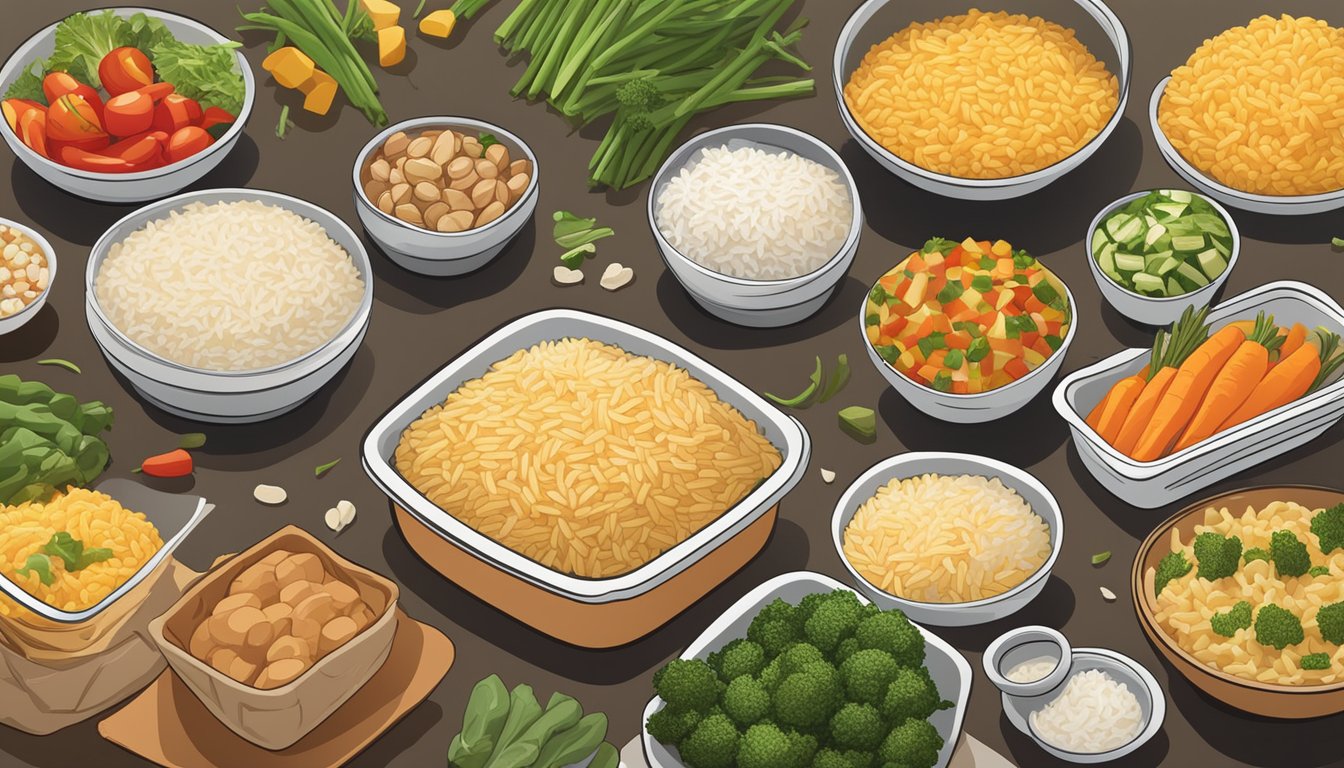 A table displays various boxes of Rice-A-Roni and Knorr side dishes, surrounded by fresh vegetables and protein options for meal planning