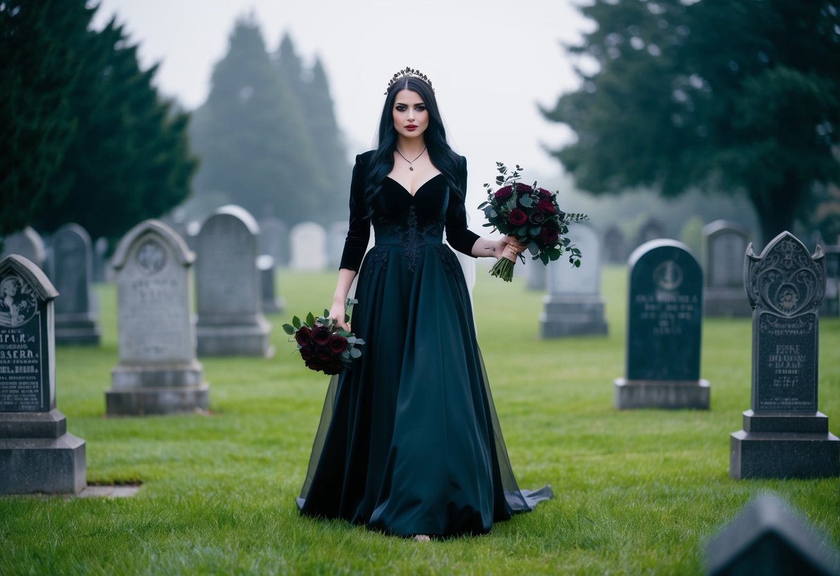 A gothic bride in a black wedding dress walks through a misty graveyard, holding a bouquet of dark roses