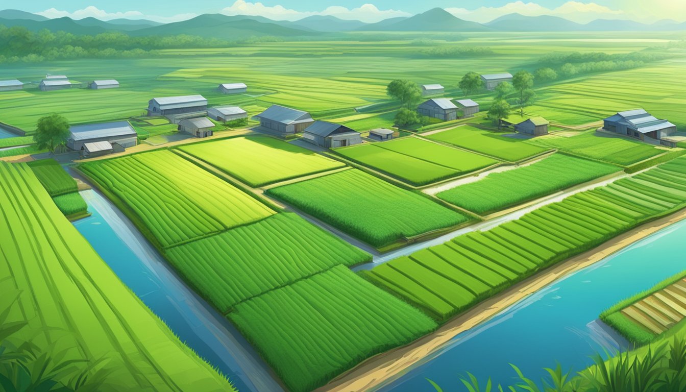 A serene rice paddy with lush green fields stretches out under a clear blue sky, while a nearby factory releases pollutants into the air