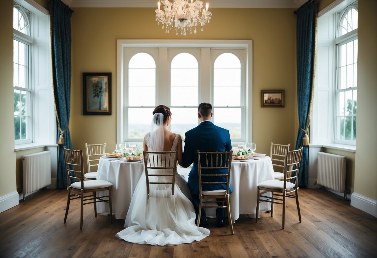A bride and groom sitting alone at a beautifully set table, surrounded by empty chairs and untouched food