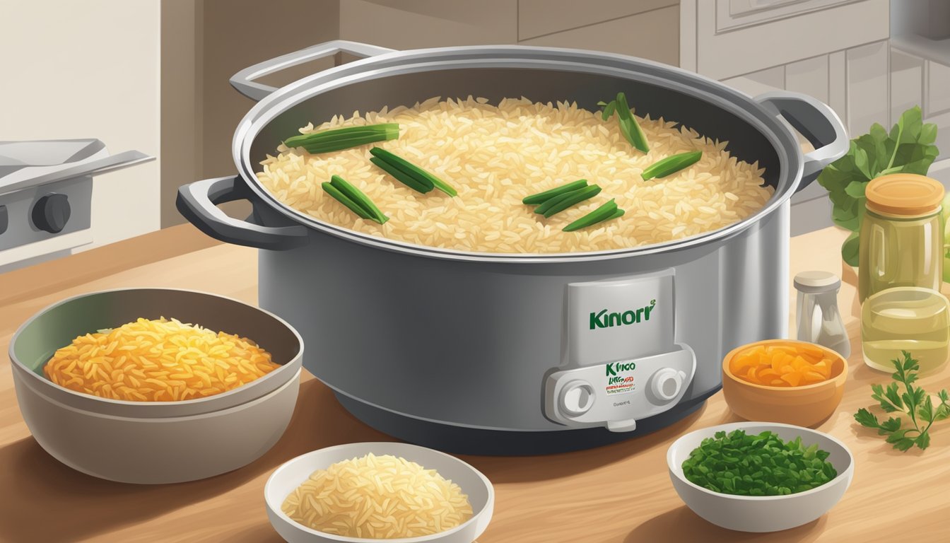 A steaming pot of rice a roni and knorr side dishes on a kitchen counter