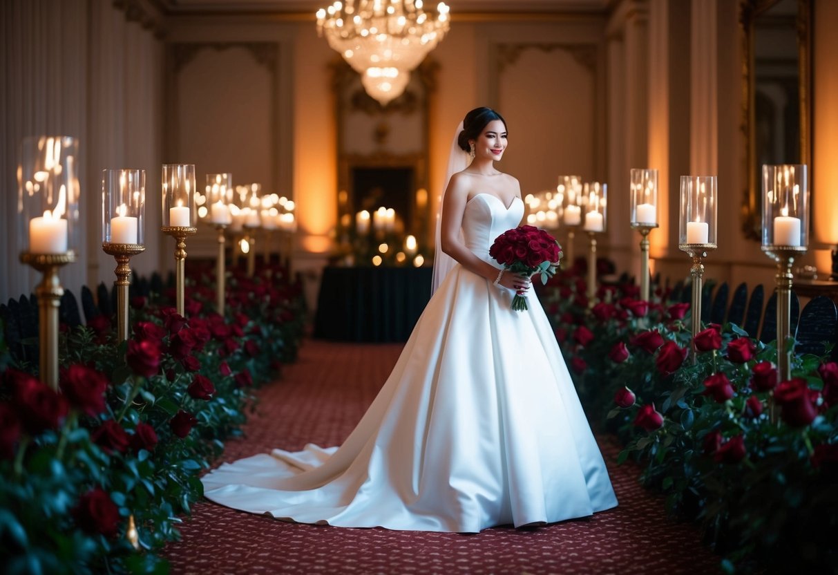 A bride in a black gown stands in a dimly lit, elegant ballroom adorned with deep red roses and flickering candlelight