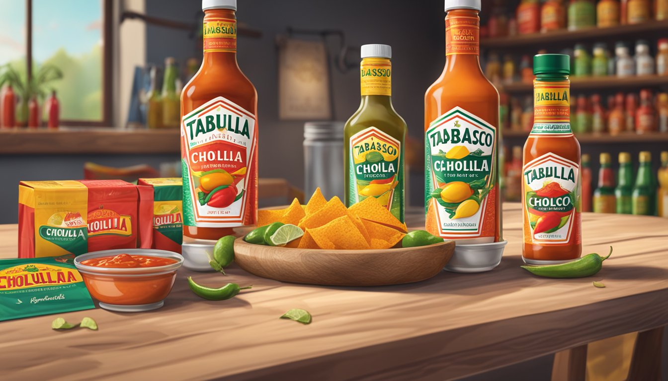 A table with two hot sauce bottles, one labeled Tabasco and the other Cholula, surrounded by colorful packaging and branding materials