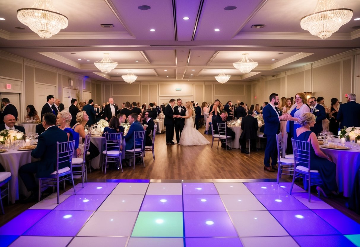 A decorated reception hall with tables, chairs, and a dance floor. Guests mingle, eat, and celebrate with the newlyweds