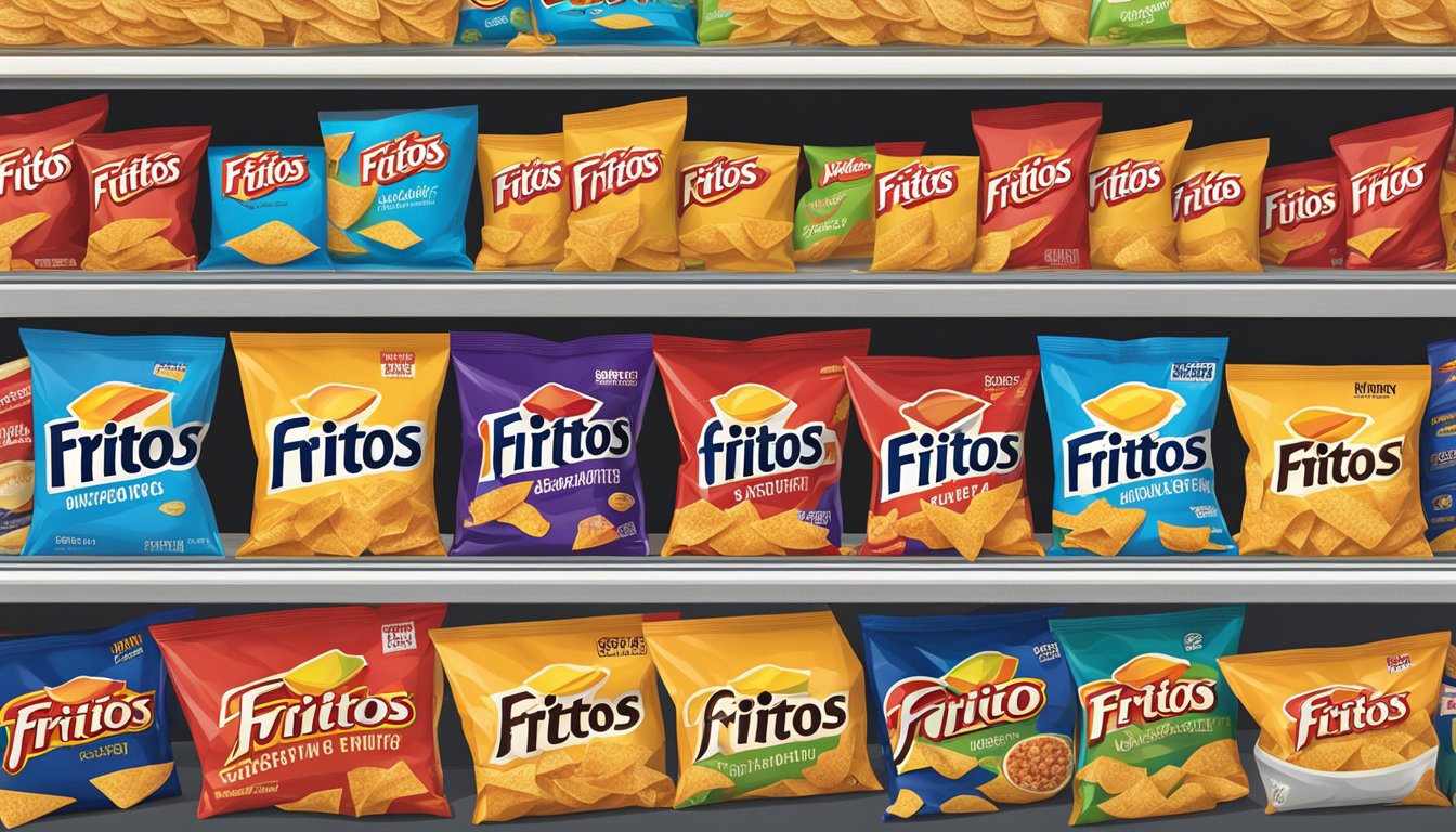 A grocery store shelf displays Fritos and Tostitos bags side by side, with prices and availability labels clearly visible