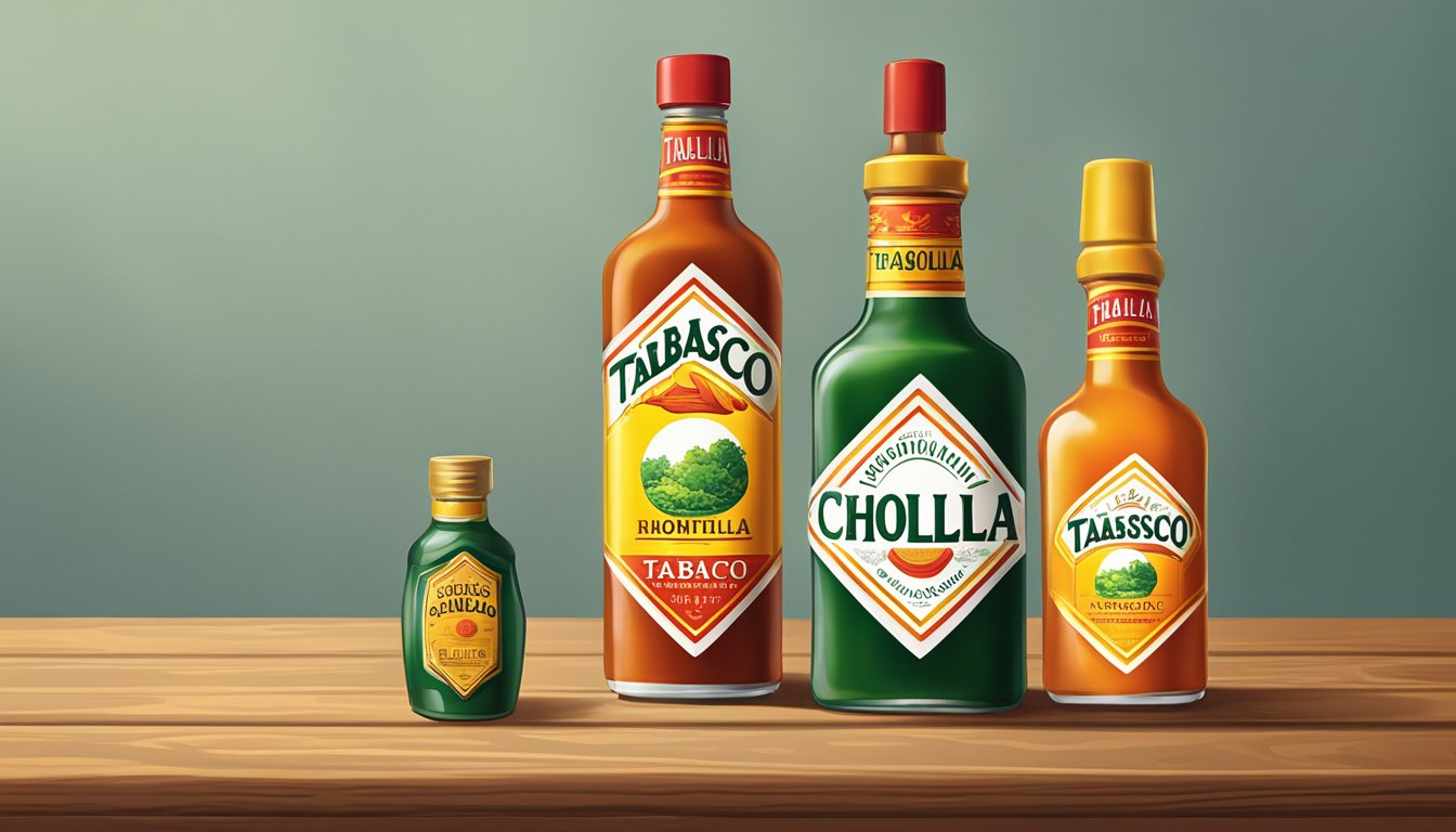 A bottle of Tabasco and a bottle of Cholula placed side by side on a wooden table