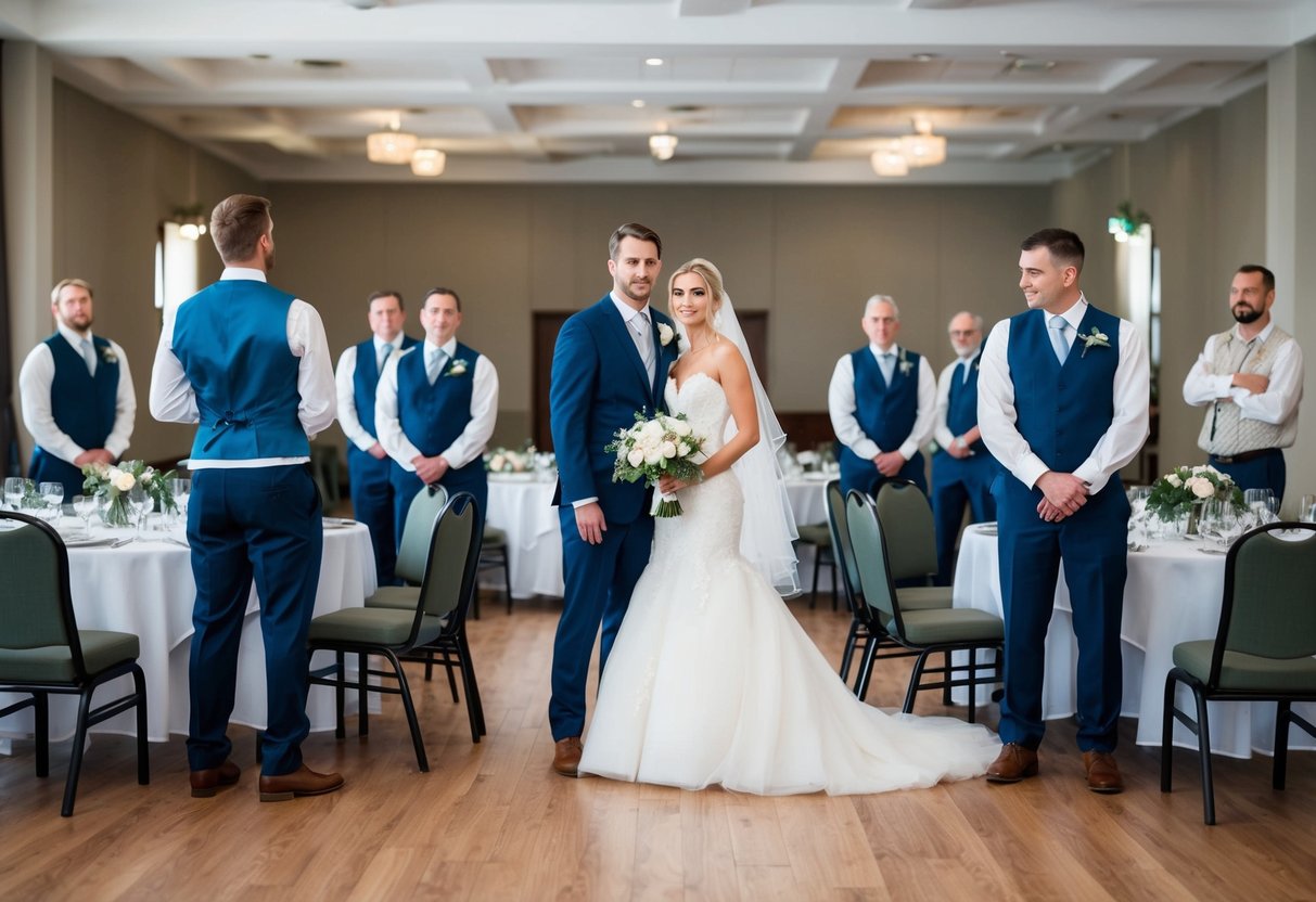 A bride and groom standing in front of an empty banquet hall, surrounded by disappointed guests. Tables and chairs are neatly arranged, but no food or decorations are present