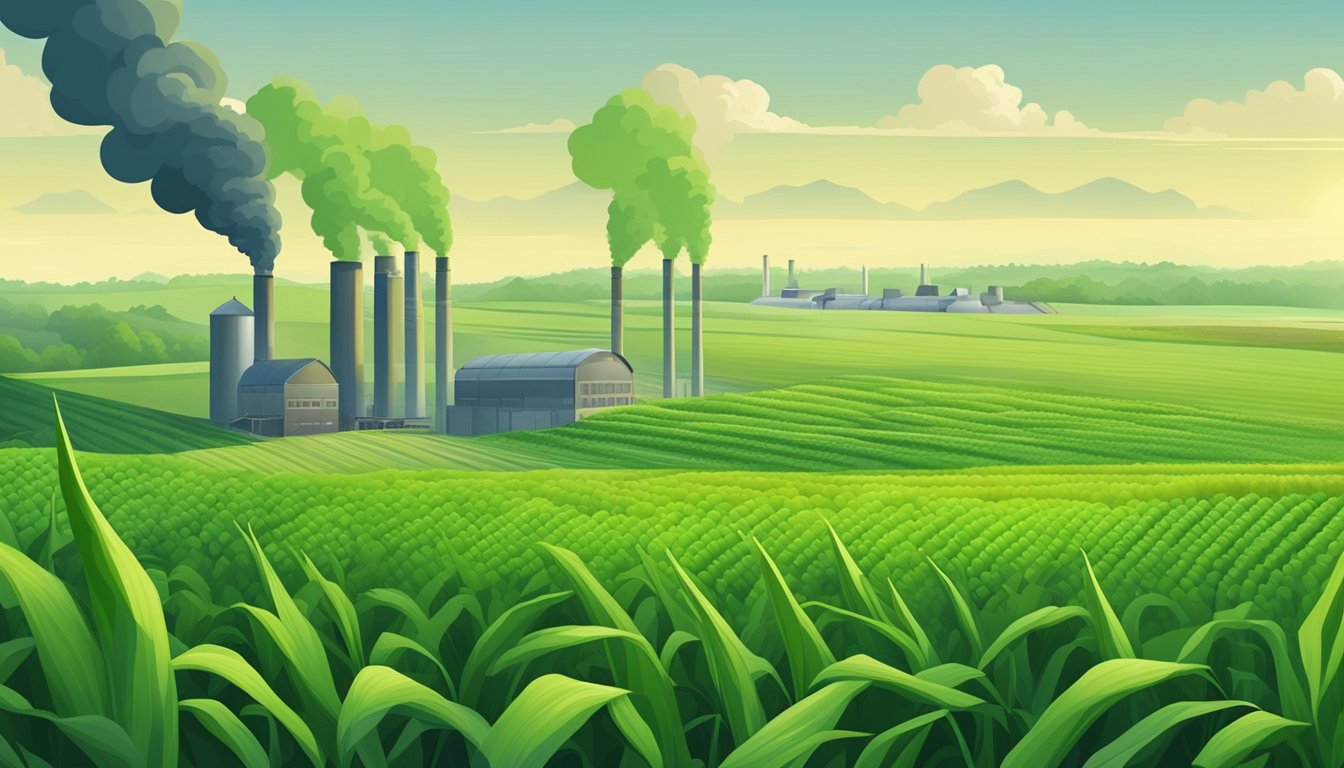 A lush green field with rows of corn on one side and a factory emitting smoke on the other